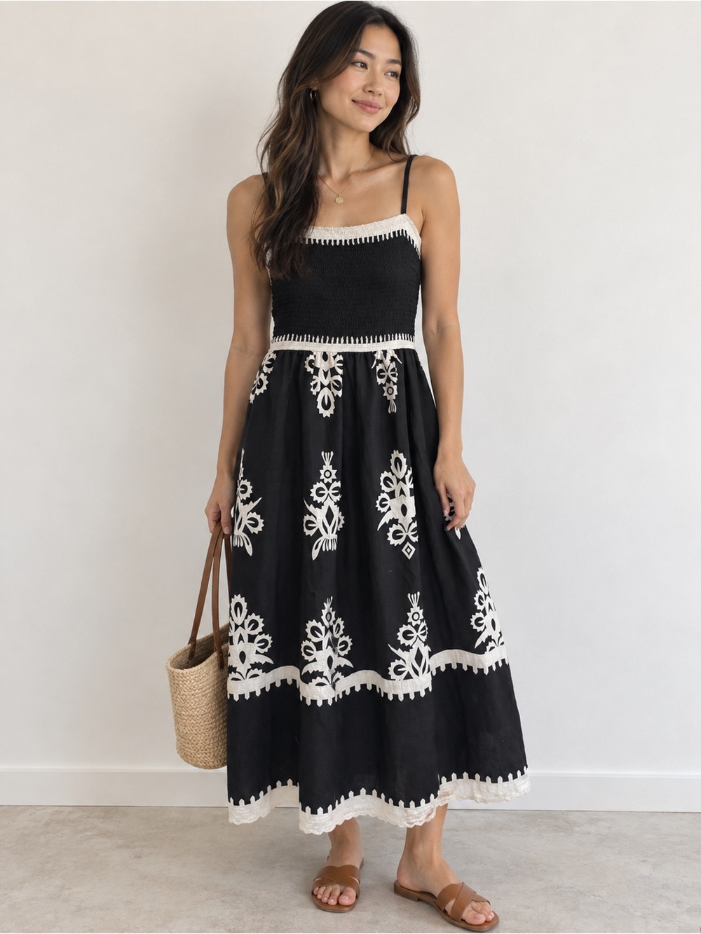 PrettyGarden Black & White Smocked Embroidered Midi Dress Size Small